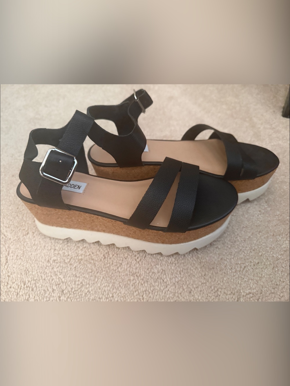 Steve Madden Black Cork Flatform Sandals with White Lug Sole